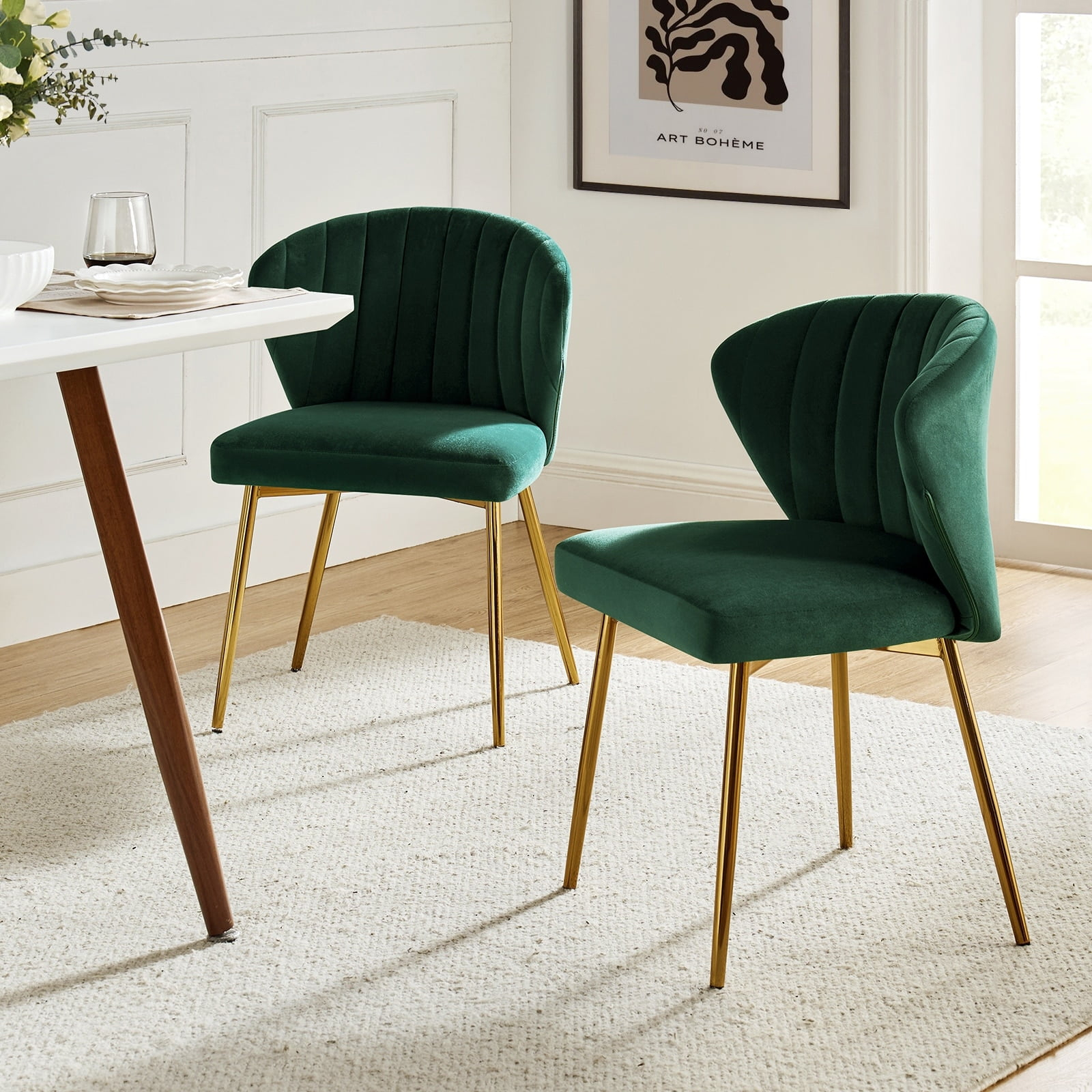 Home Kitchen Velvet Dining Chairs Set of 2 Upholstered Side Chairs Accent Channel Tufted Metal Legs Living Room Bedroom Green