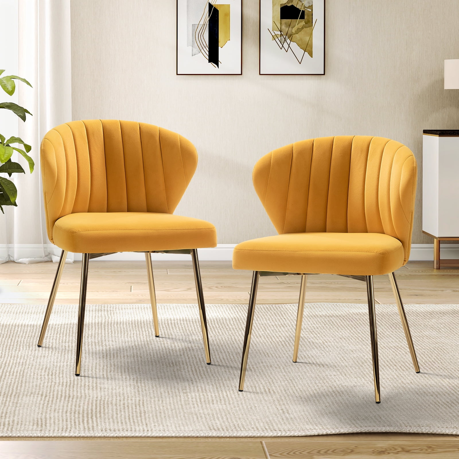 Home Kitchen Velvet Fall Dining Chairs Set of 2 Upholstered Side Chairs Accent Channel Tufted Metal Legs Living Room Bedroom Mustard