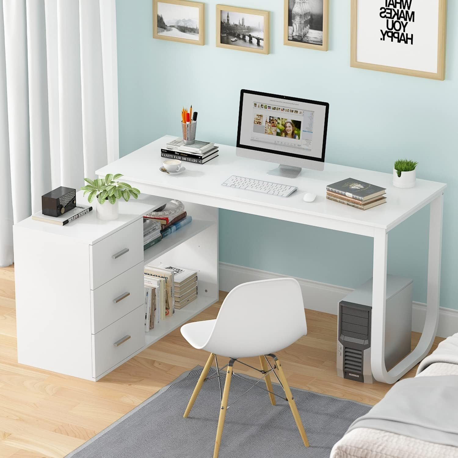 FUFU and GAGA L-Shaped Desk with 3 Drawers, White, MDF Finish