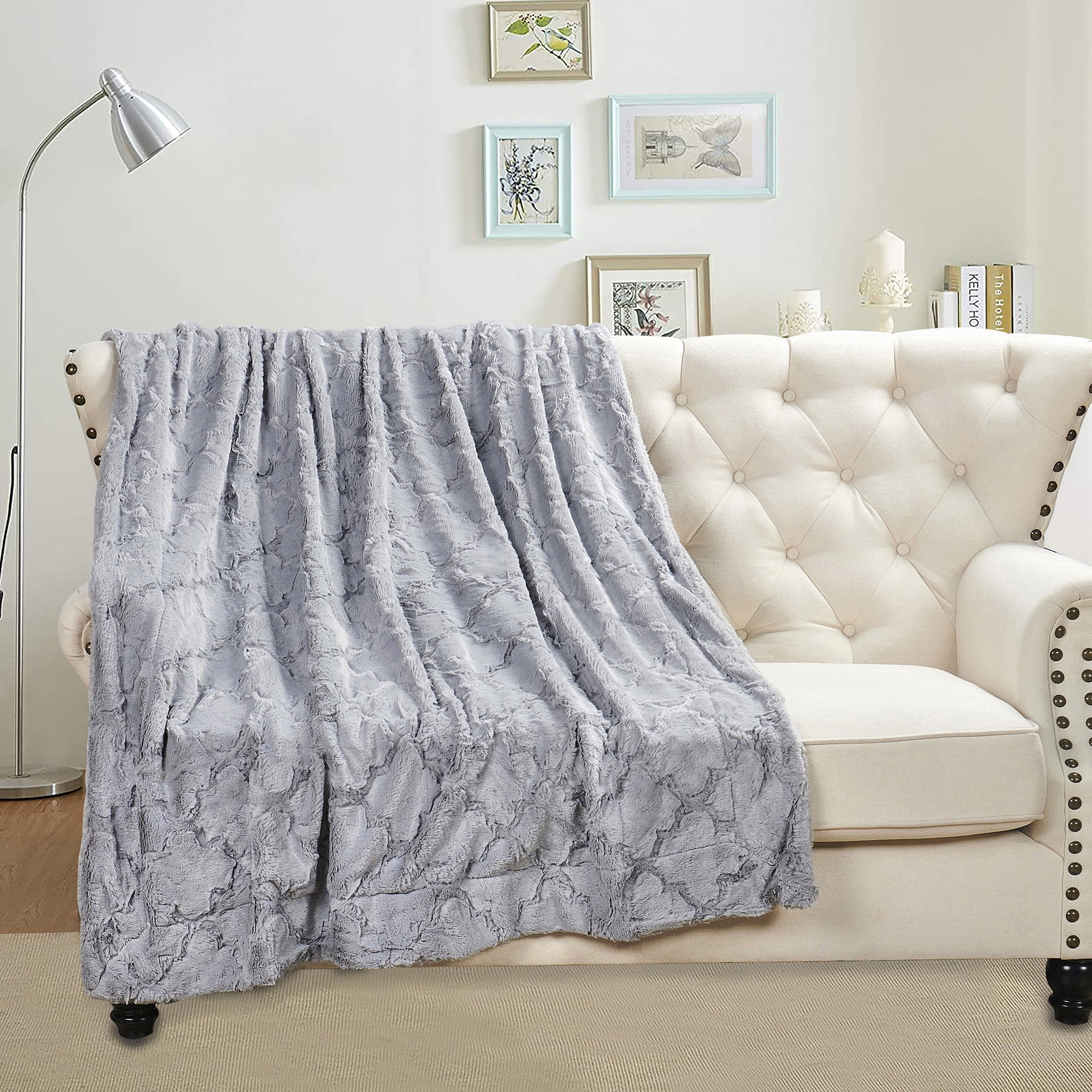 Home Soft Things Ashley Brushed Faux Fur Throw Blanket with Sherpa Back Soft Cozy Fluffy Fluzzy Lightweight Throw - Grey - 60" x 80" Jumbo
