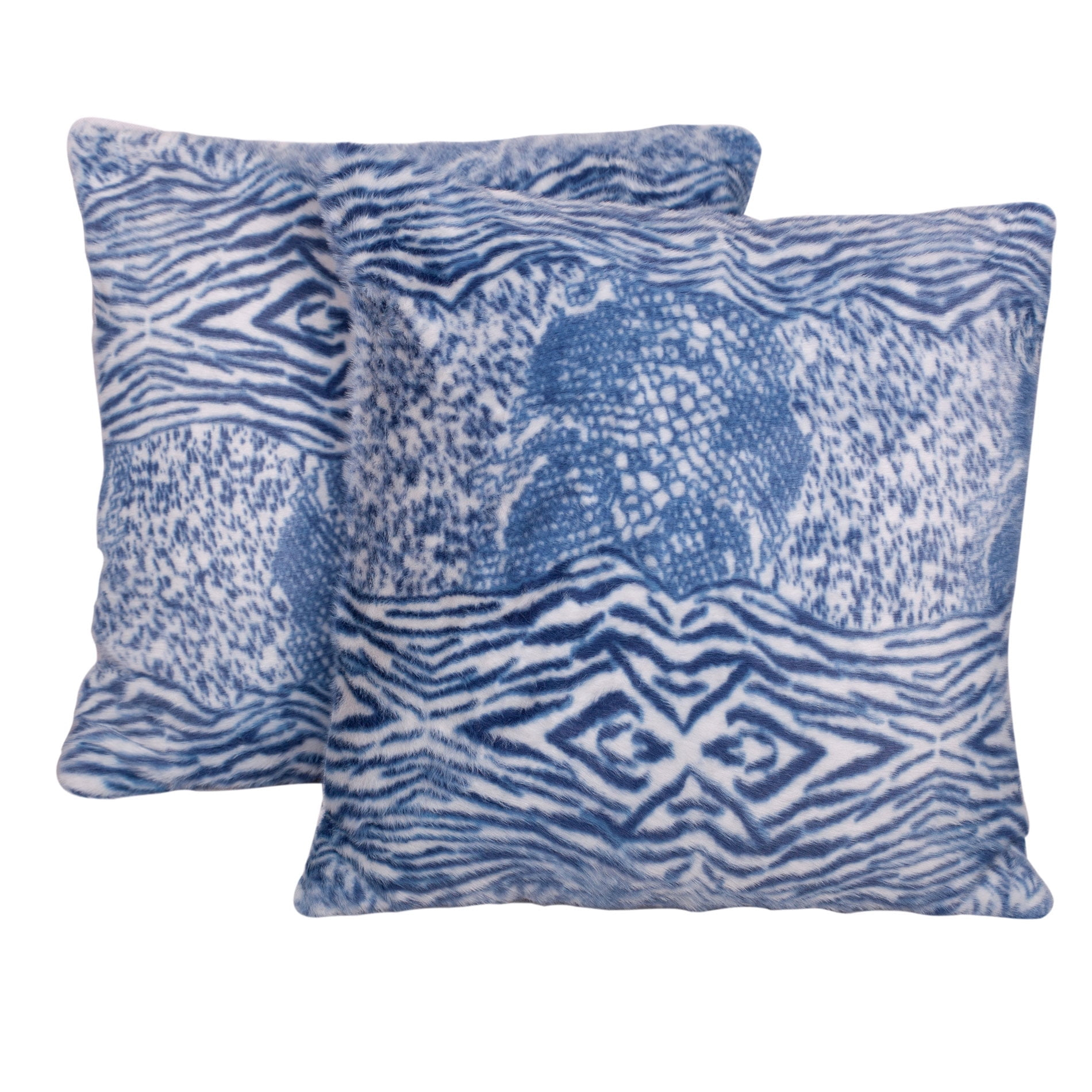 Home Soft Things Zebra Print Faux Fur Pillow Covers, Set of 2, 20"x20", Victoria-Vintage Indigo