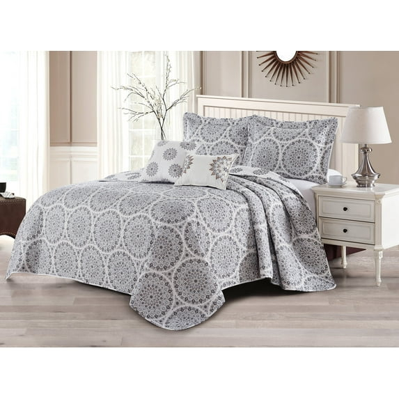 Home Soft Things Serenta Medallion 5-piece Reversible Quilt Comforter Set Light Grey 90" x 90" 90" x 90"