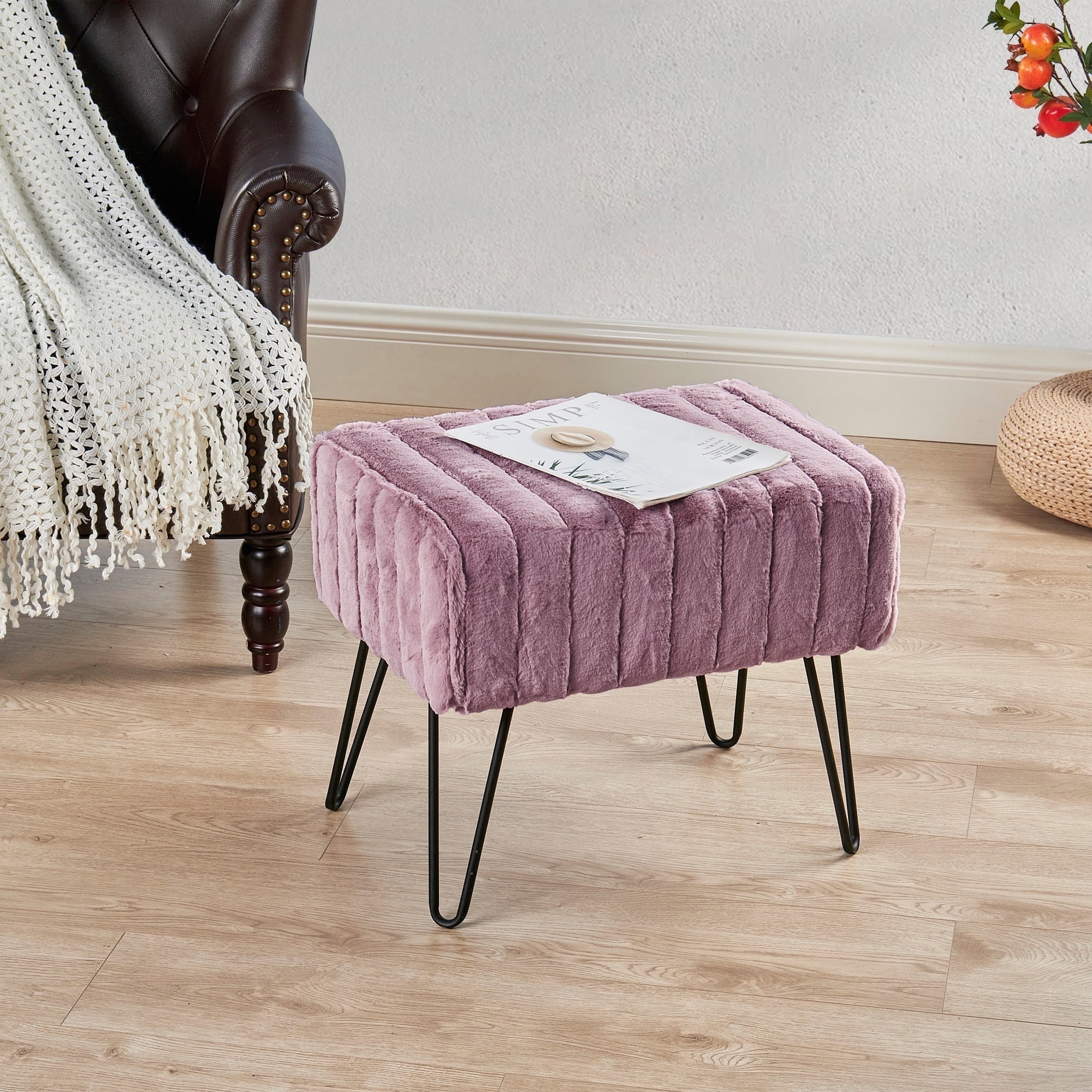 Home Soft Things Super Soft Faux-Fur Upholstered Stool Ottoman, Black Plum, 19"x13"x17"