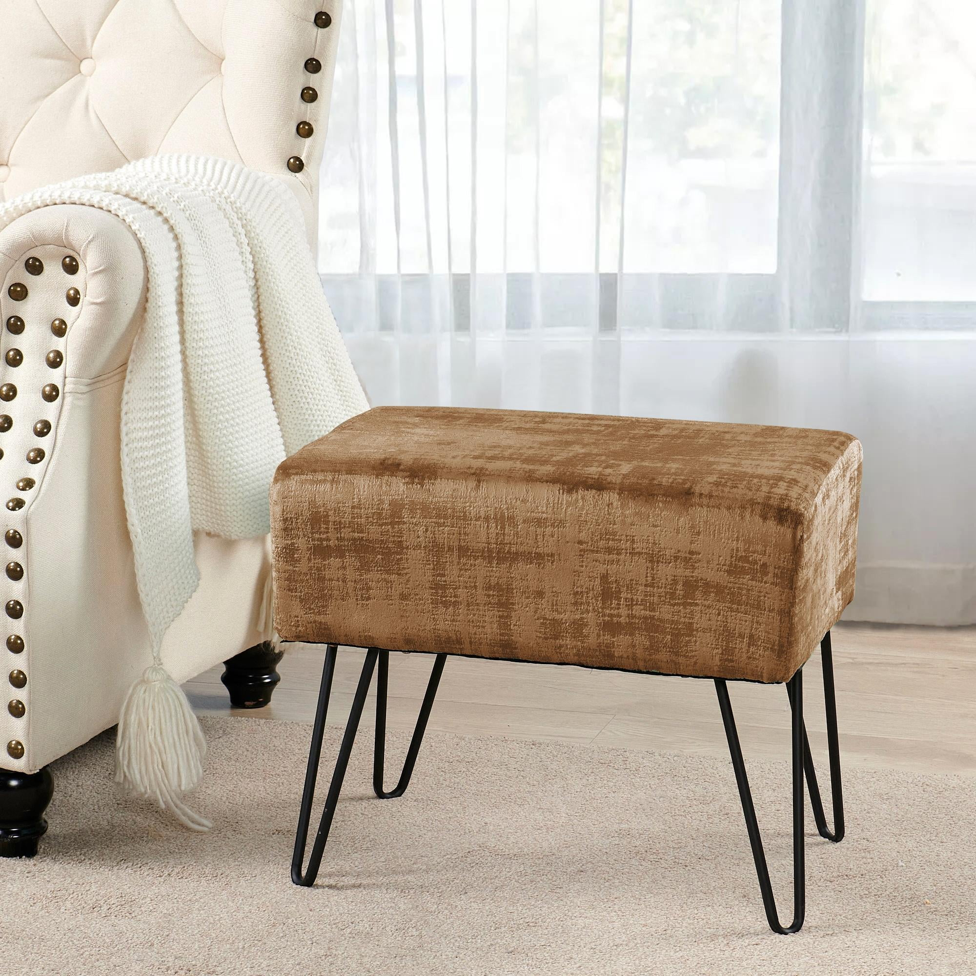 Home Soft Things Textured Velvet Ottoman Stool Chair, Upholstered Footrest with Black Metal Legs, Tobacco Brown, 19" x 13" x 17"