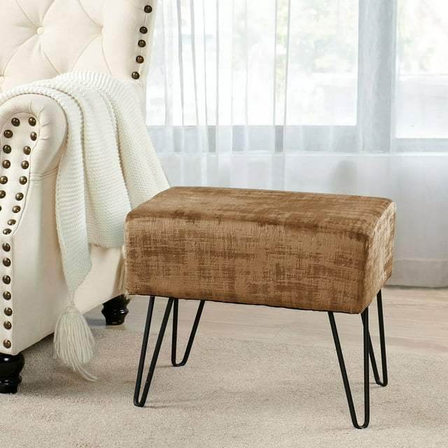 Home Soft Things Textured Velvet Ottoman Stool Chair, Upholstered Footrest with Black Metal Legs, Tobacco Brown, 19" x 13" x 17"