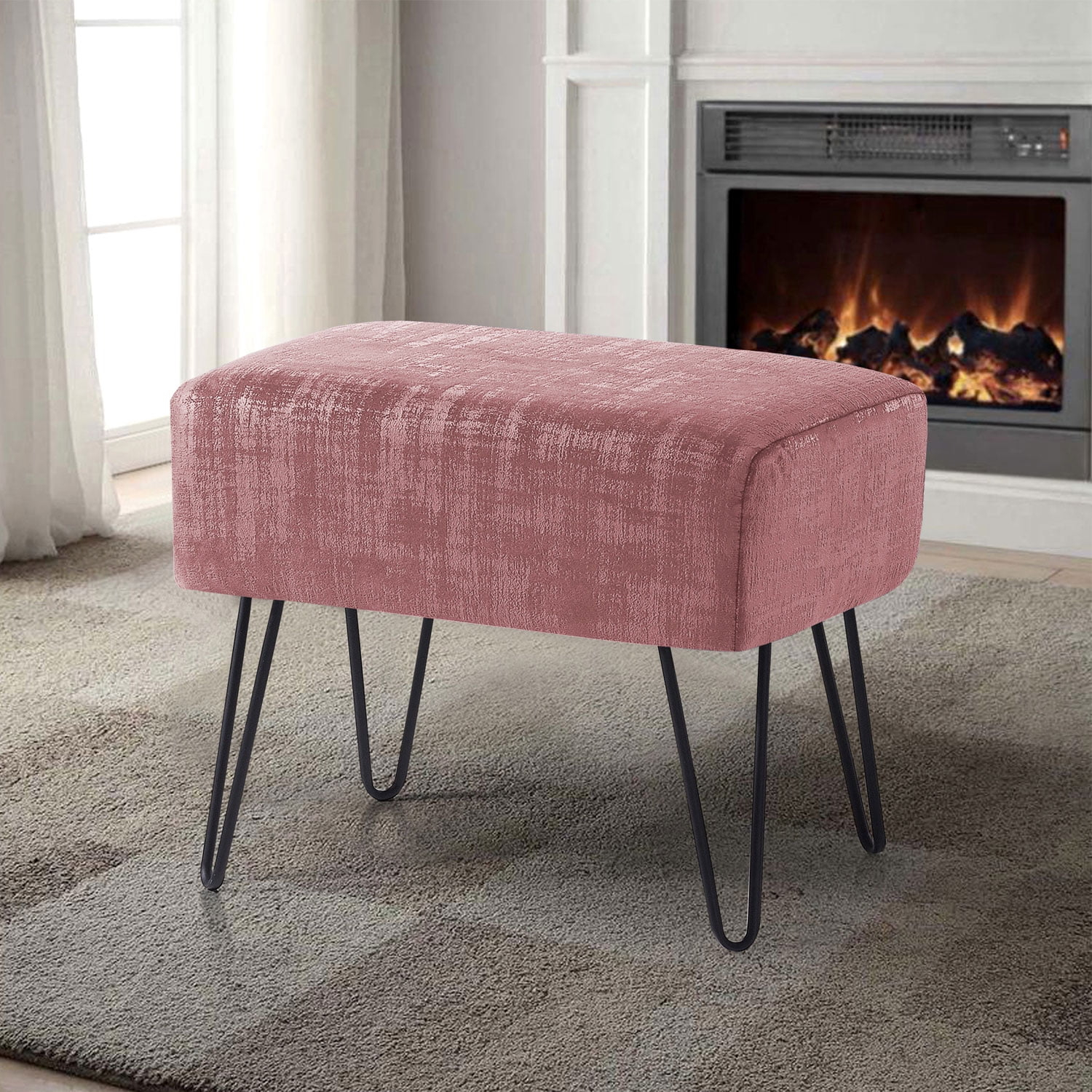 Home Soft Things Textured Velvet Ottoman Stool Chair, Upholstered Footrest with Black Metal Legs, Withered Rose, 19" x 13" x 17"