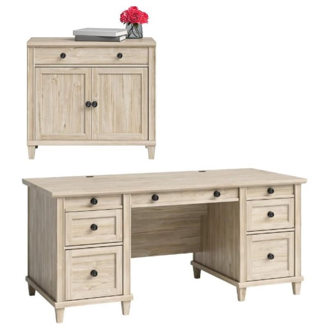 Home Square 2-Piece Set with Executive Desk & Library Base in Chalk Oak