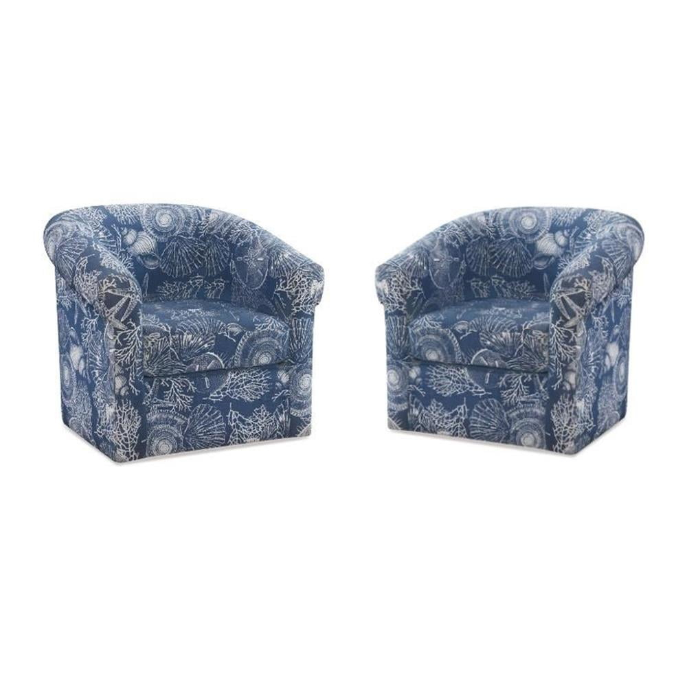 Home Square 2 Piece Swivel Coastal Wood Upholstered Club Chair Set in Blue