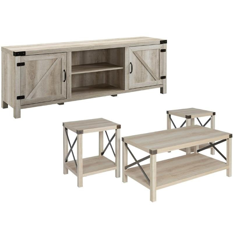 Home Square 4 Piece Set with TV Stand, Coffee Table and 2 End Tables in Oak