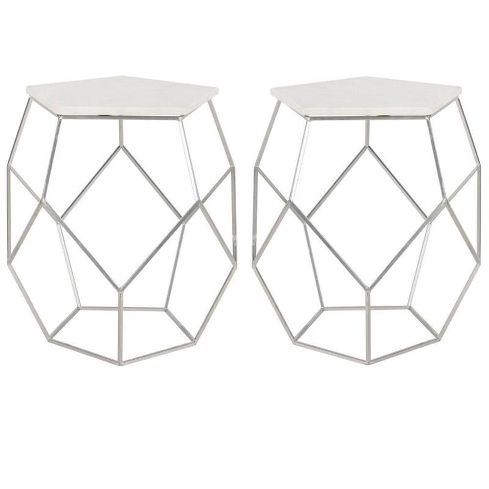 Home Square Abella Marble Top Accent End Table in Silver - Set of 2