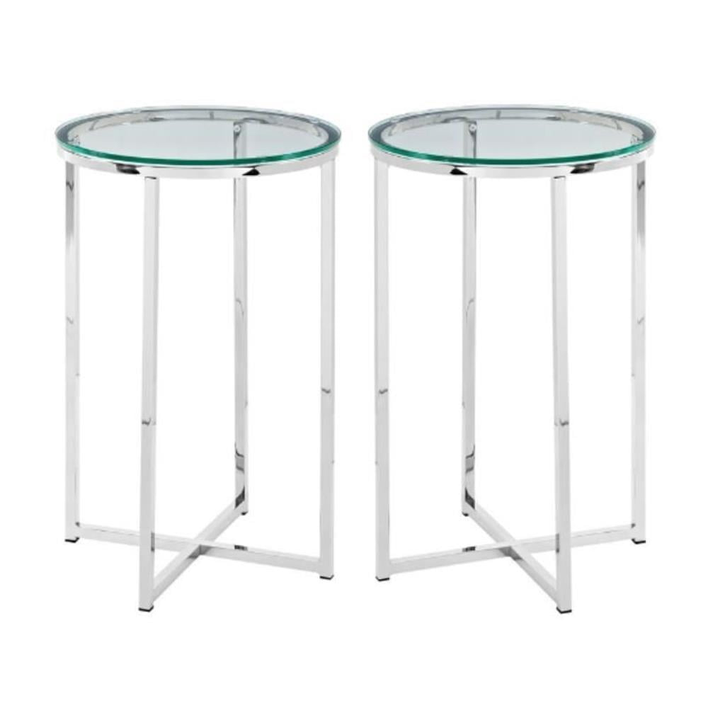 Modern Glam Metal-X-Leg End Table Set in Glass/Chrome (Set of 2)