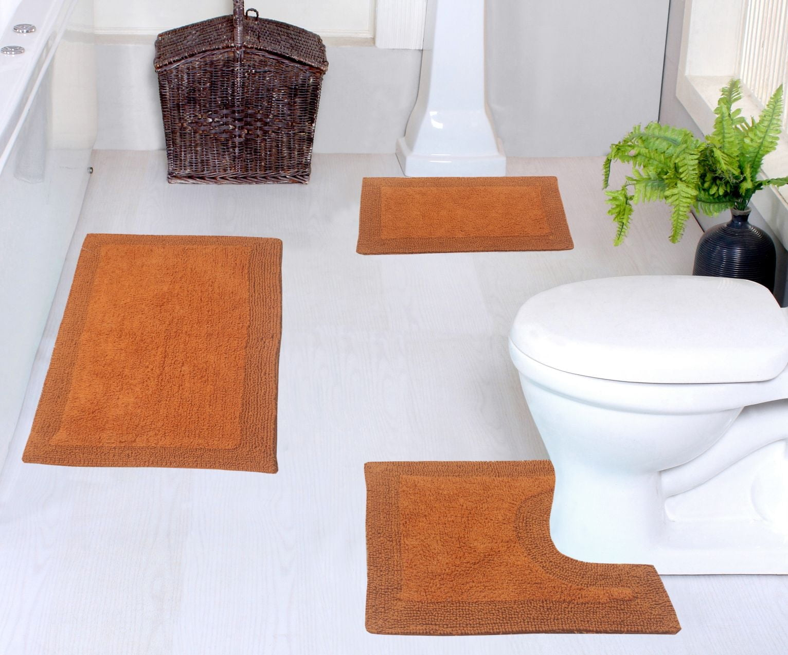 Home Weavers Luxury Collection 100% Cotton Reversible Bathroom Rug Set Machine Washable Bathroom Rug-17"x24", Bath Rug- 21"x34", U Shaped Contour- 20"x20", Terracotta Color 3 Piece Bath Carpet set