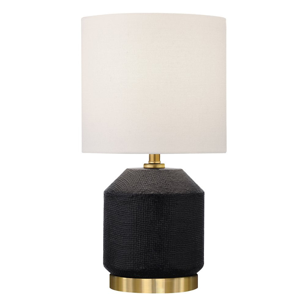 Evelyn&Zoe Esther 15" Tall Textured Ceramic Mini Lamp with Fabric Shade, Matte Black/Antique Brass/White