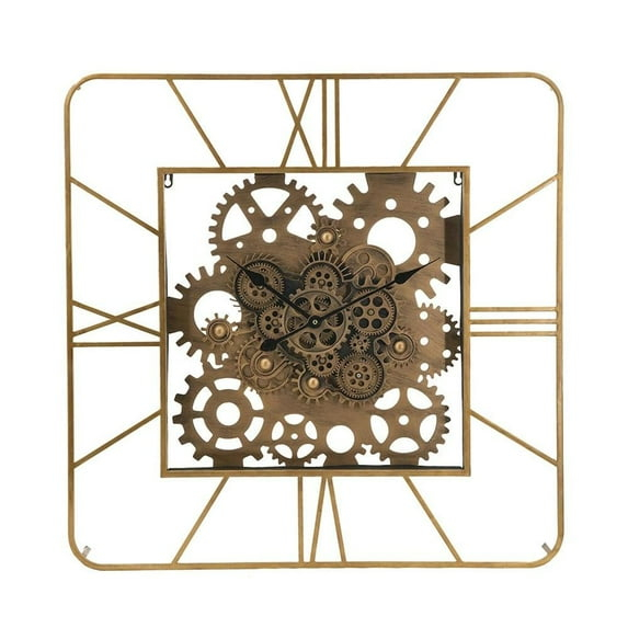 HomeRoots 32" Square Gold Metal And Glass Analog Exposed Gear Wall Clock