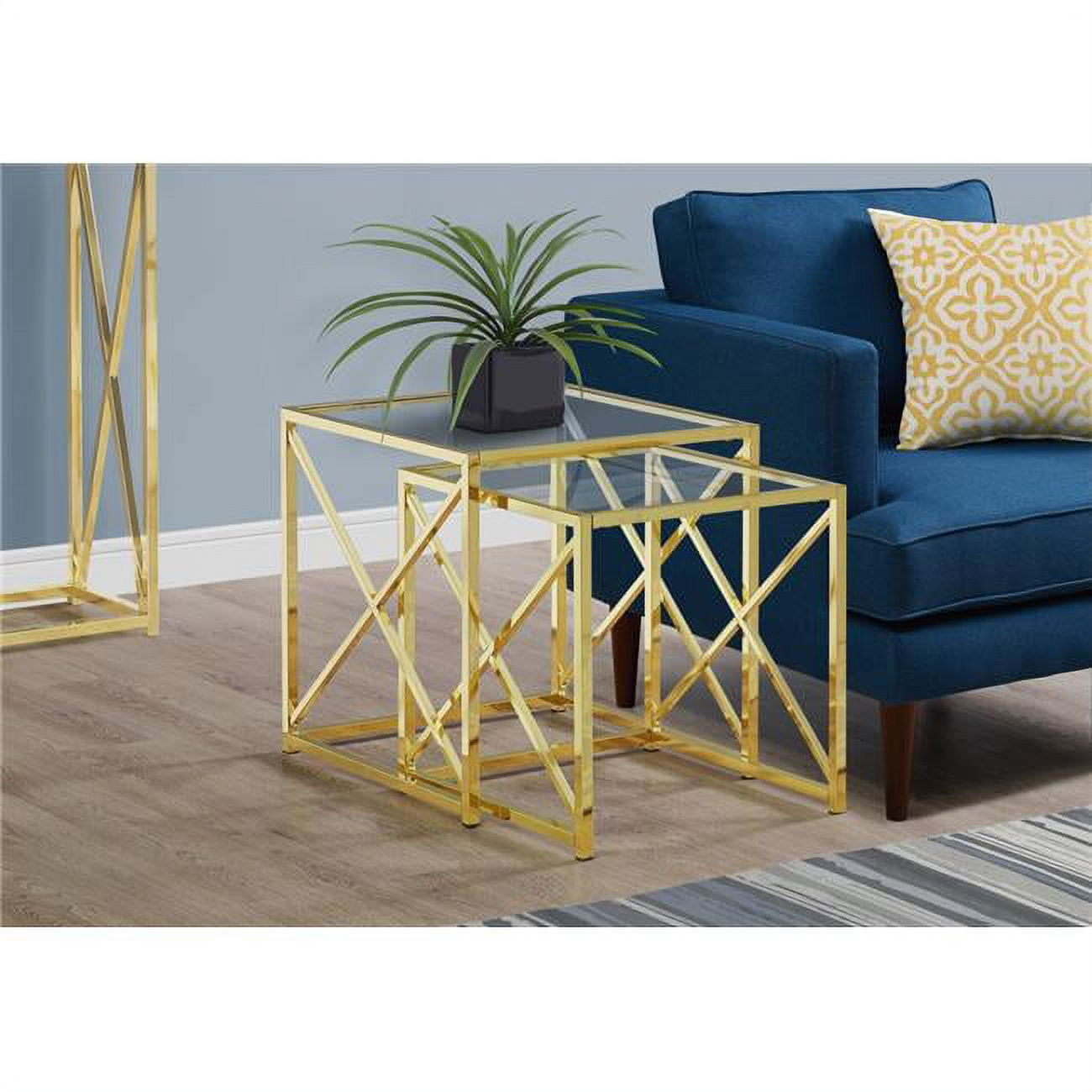 38" Gold Metal and Tempered Glass Two Pieces Nesting Table Set