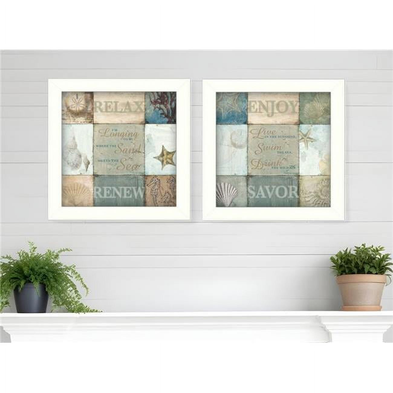 HomeRoots 405706 Sunshine Sand & Sea White Framed Print Wall Art - Set of 2