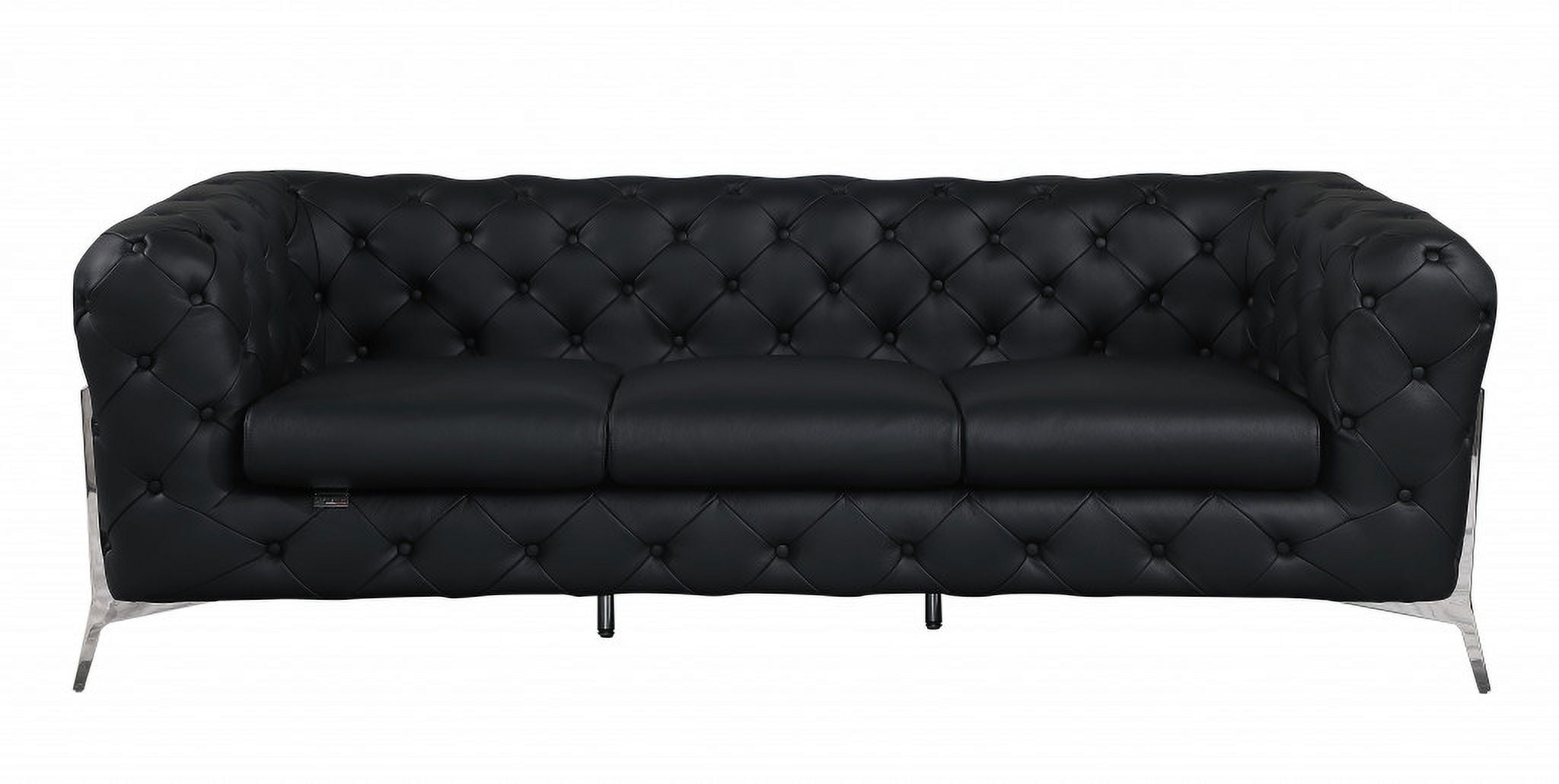 93 in. Genuine Tufted Leather & Chrome Standard Sofa, Black