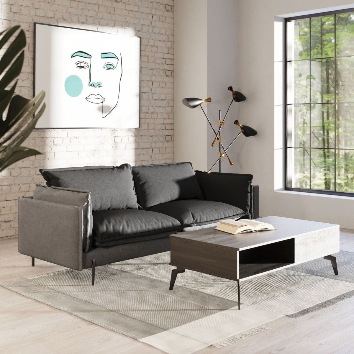 87 in. Modern Sofa with Reversible Cushions, Two Tone Grey