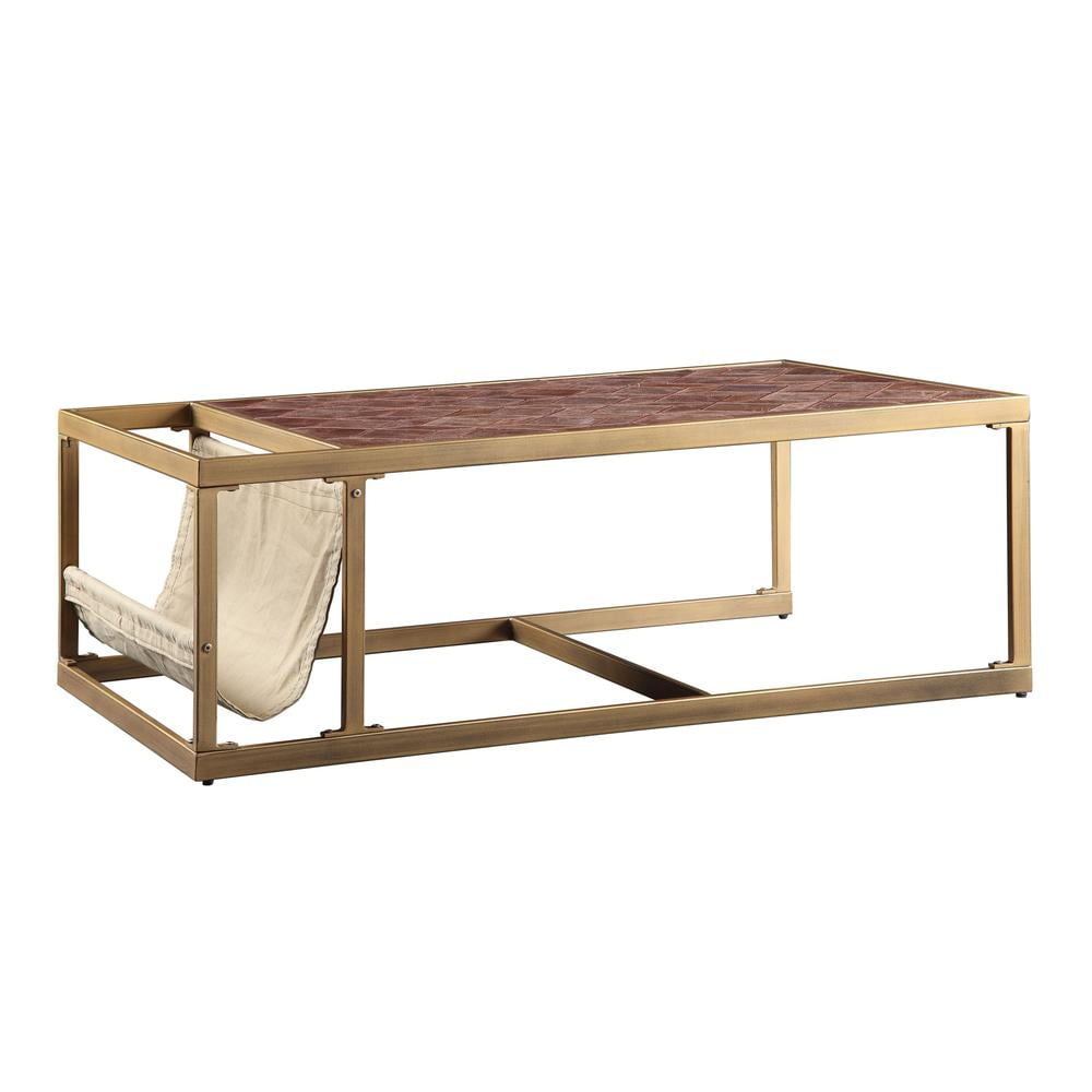 HomeRoots 51" Brass And Retro Brown Leather Rectangular Coffee Table