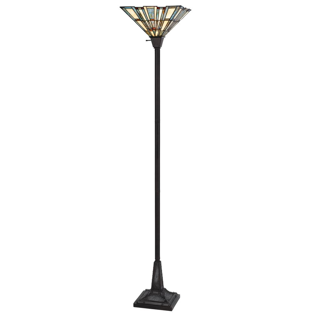 72" Bronze Torchiere Floor Lamp with Gray and Ivory Tiffany Glass Shade