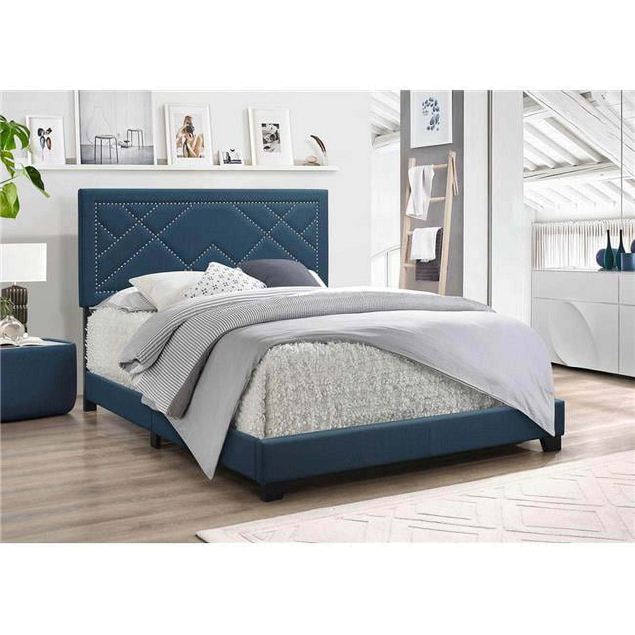 HomeRoots 80" X 86" X 50" Dark Teal Fabric Upholstered Bed Wood Leg Eastern King Bed - 347038