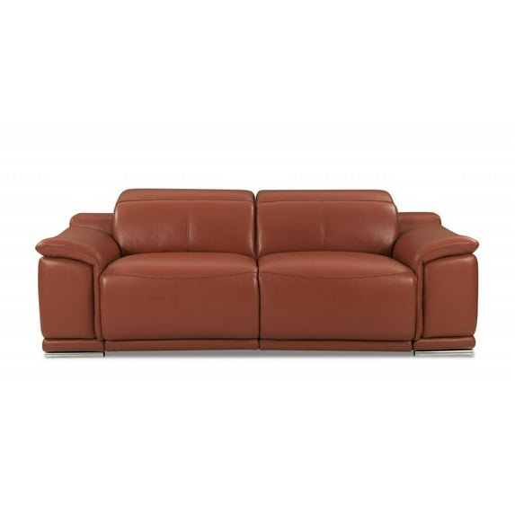 86 in. Genuine Leather Reclining Sofa, Camel Brown