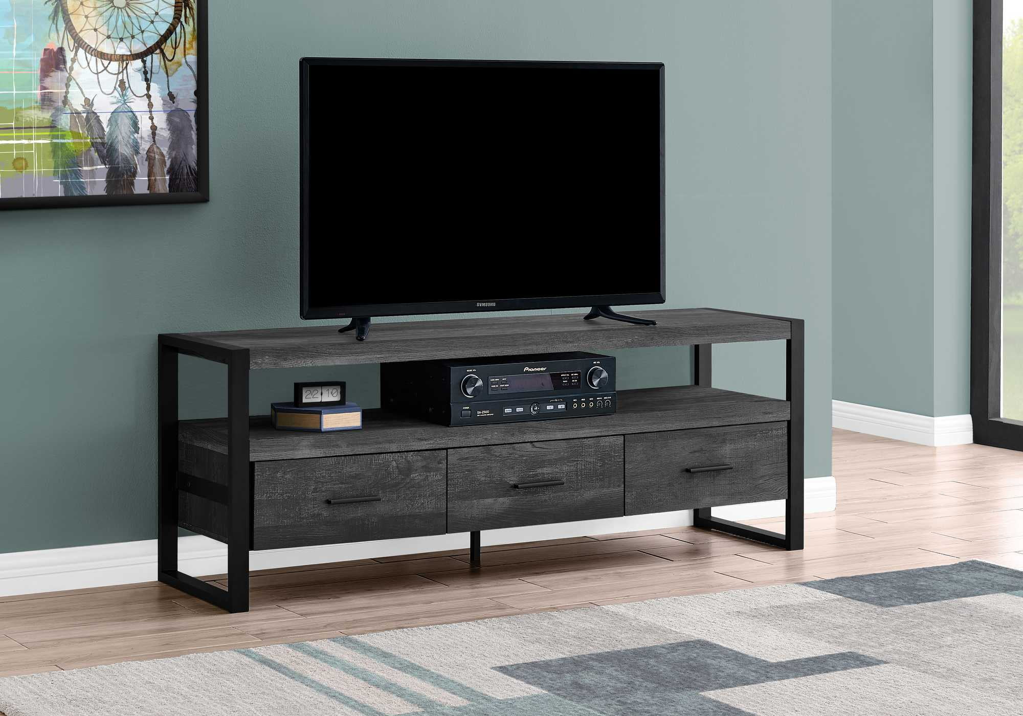 HomeRoots 21.75" Black Particle Board Hollow Core & Black Metal TV Stand with 3 Drawers - 332969