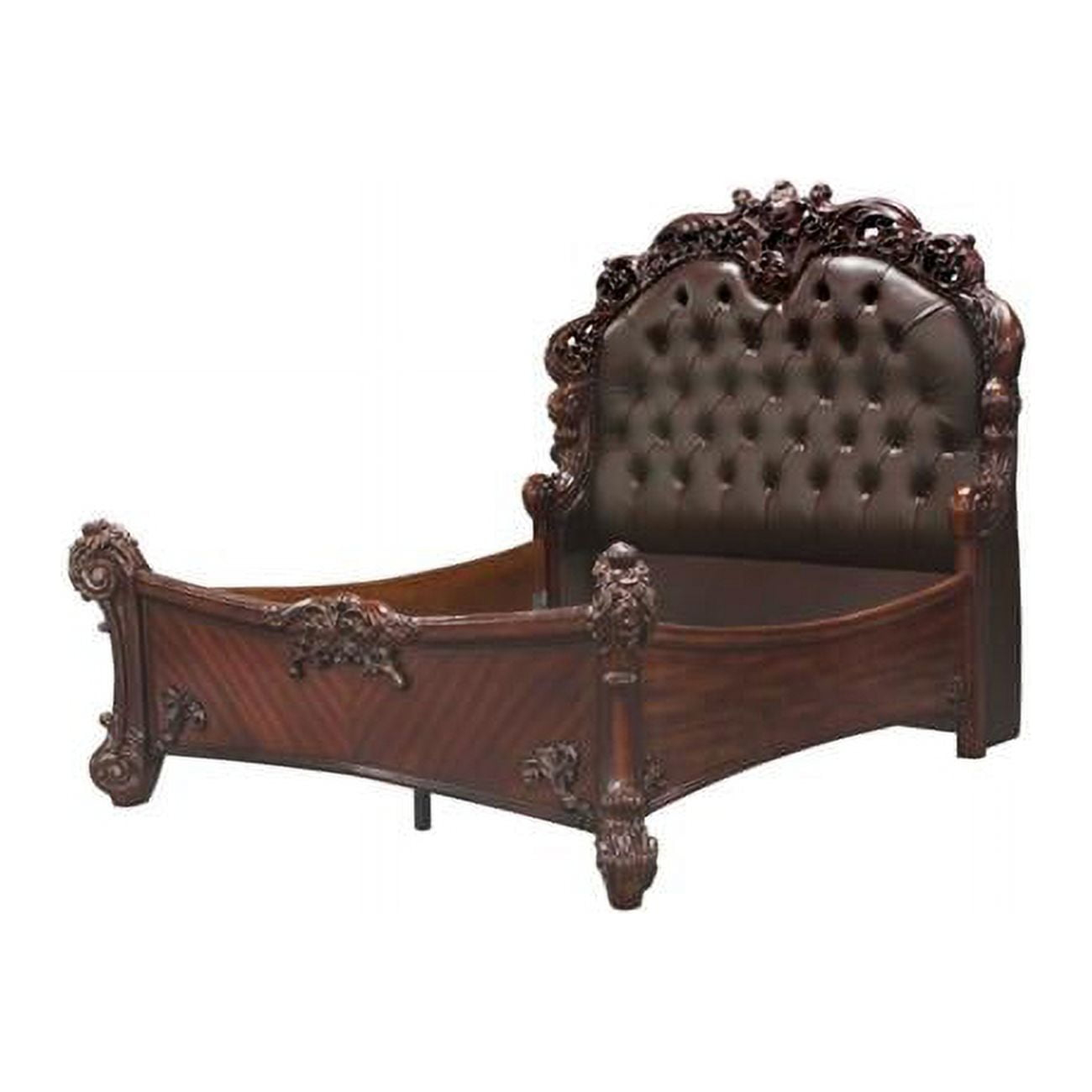 HomeRoots 376957 Elaborately Carved Bed with Tufted Dark Faux Leather Headboard, Cherry Wood - Queen Size