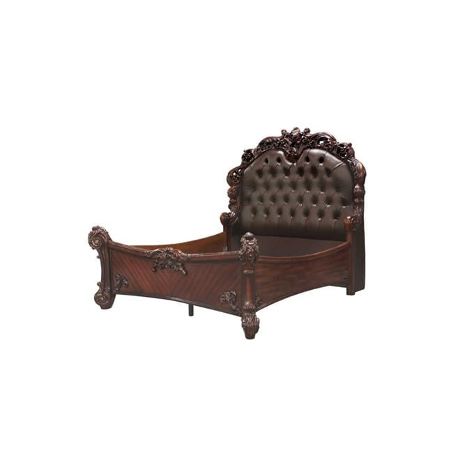 HomeRoots 376957 Elaborately Carved Bed with Tufted Dark Faux Leather Headboard, Cherry Wood - Queen Size