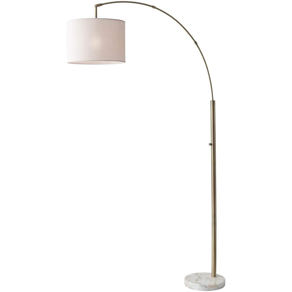 HomeRoots Reading Nook Floor Lamp Antique Brass Arc Arm Adjustable Off White Fabric Shade - 372710