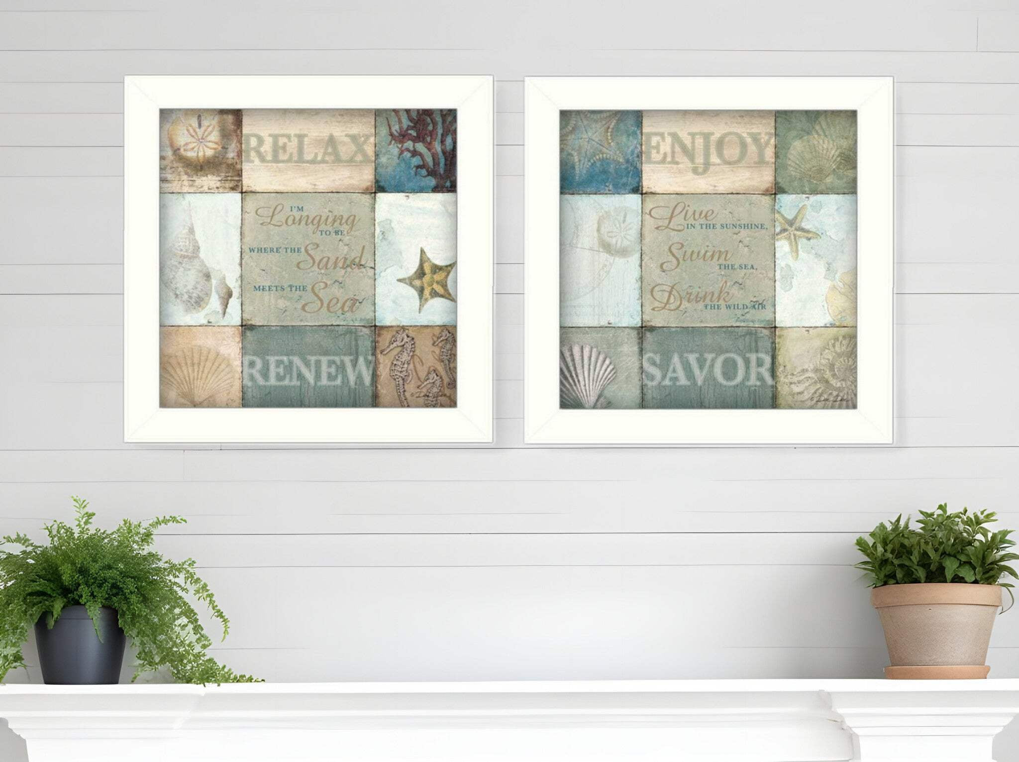 HomeRoots 405706 Sunshine Sand & Sea White Framed Print Wall Art - Set of 2