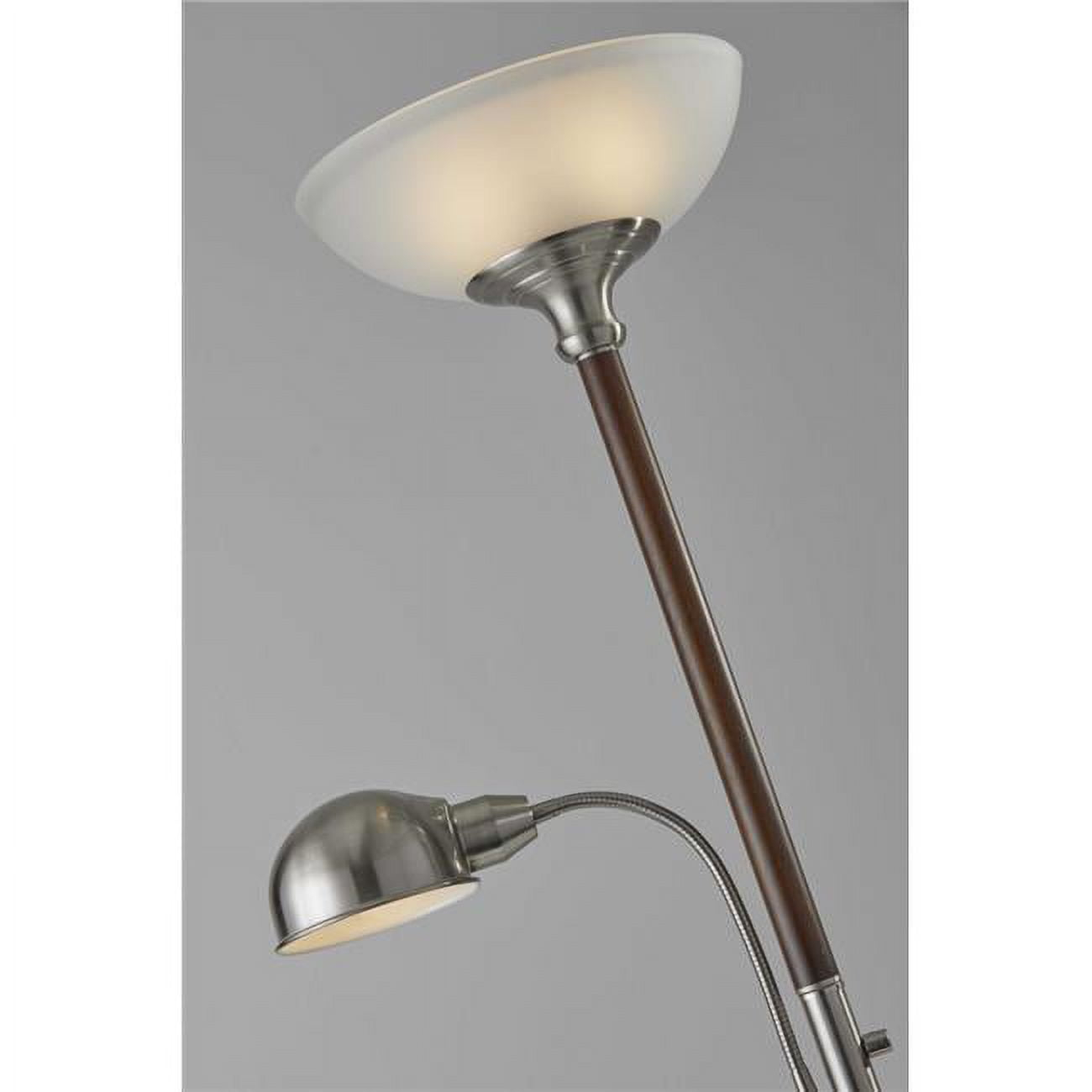 Two Light Combo Floor Lamp Wood Brushed Steel Torchiere with Frosted Glass Dome Shade and Reading Light with Brushed Steel Dome Shade