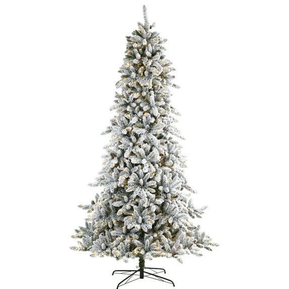 Nearly Natural 9' Flocked Fir Artificial Christmas Tree Prelit with 650 Clear Warm LED Lights