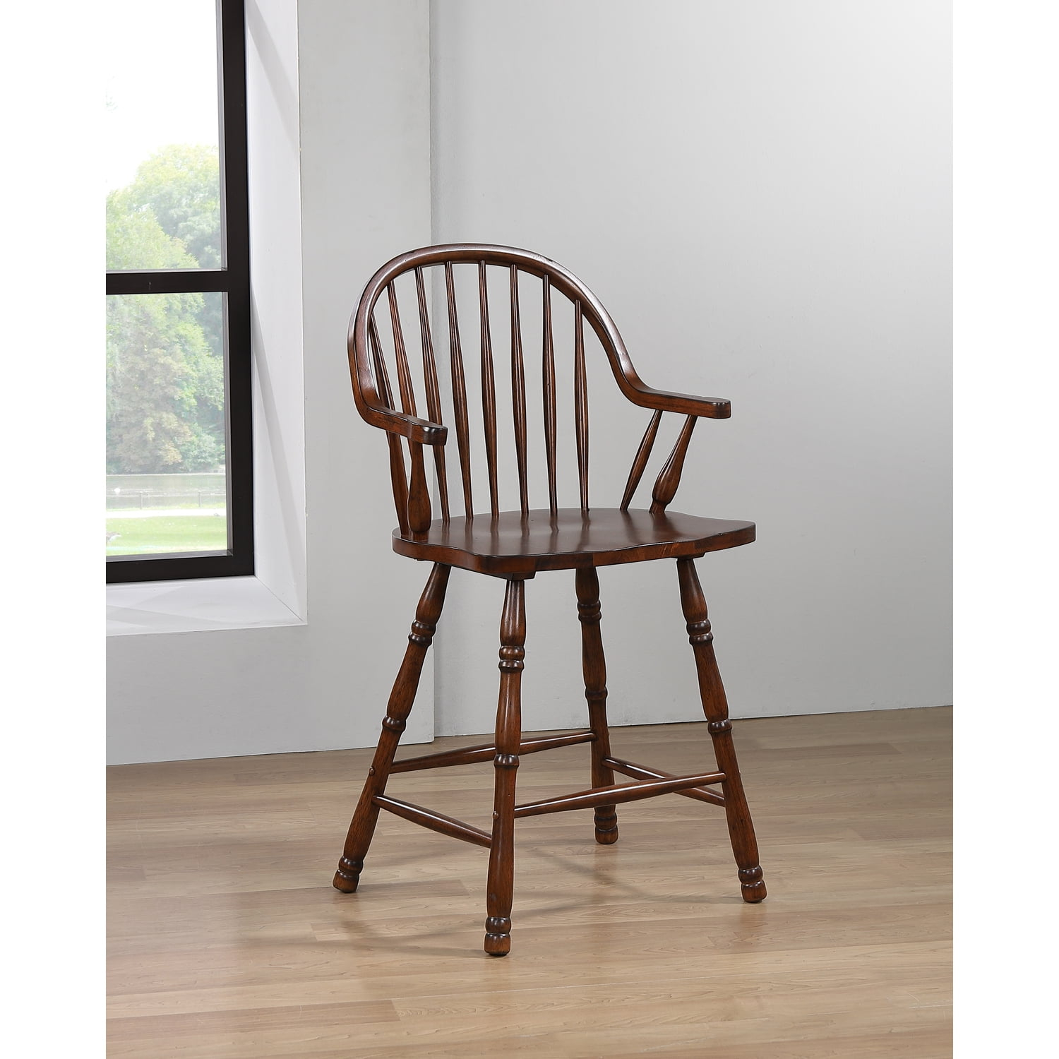 Sunset Trading Andrews 24" Windsor Wood Barstools with Arms in Brown (Set of 2)
