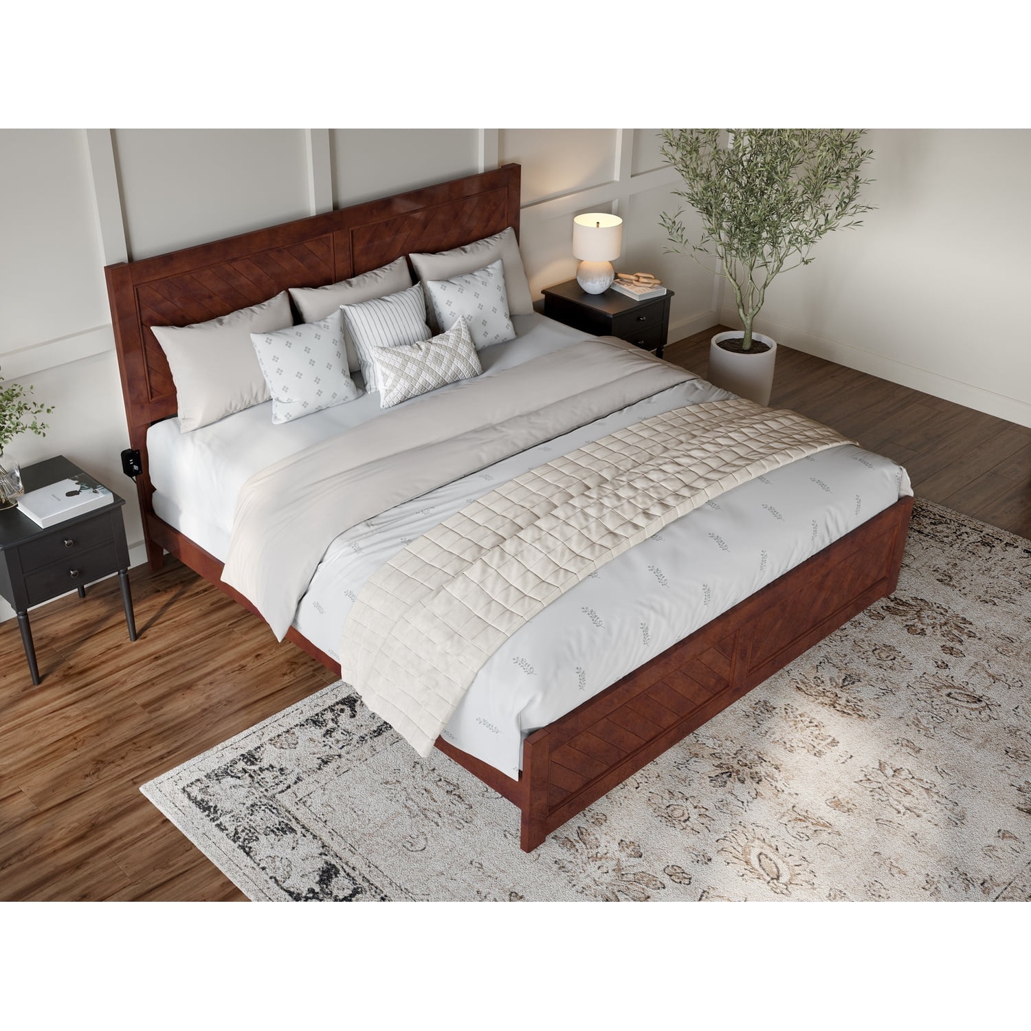 HomeStock Artisanal Artistry King Foundation Bed Frame with Matching Footboard in Walnut