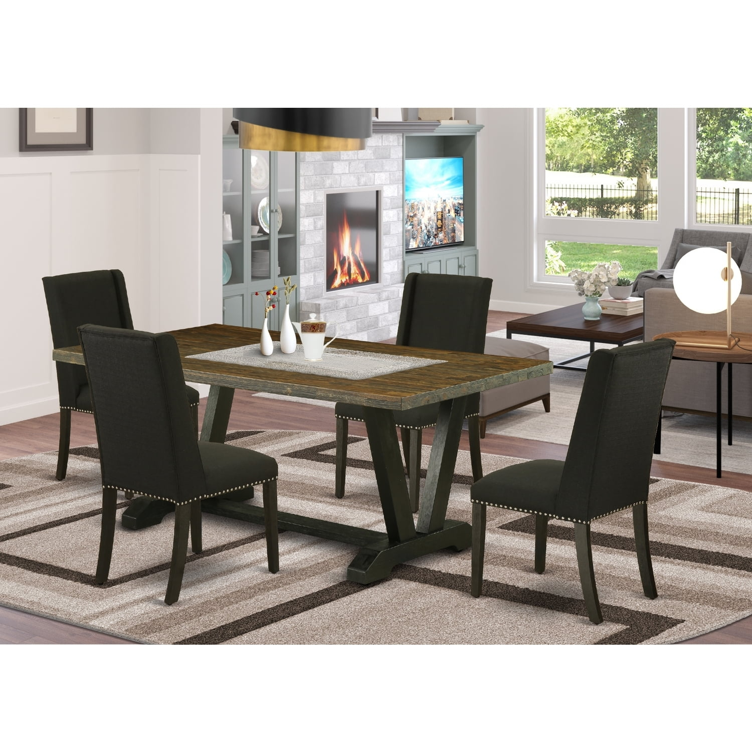 East West Furniture V-Style 5-piece Wood Dining Table and 4 Chairs in Black