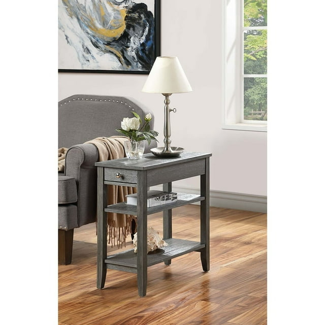 Convenience Concepts American Heritage 1 Drawer Chairside End Table with Shelves, Wirebrush Dark Gray