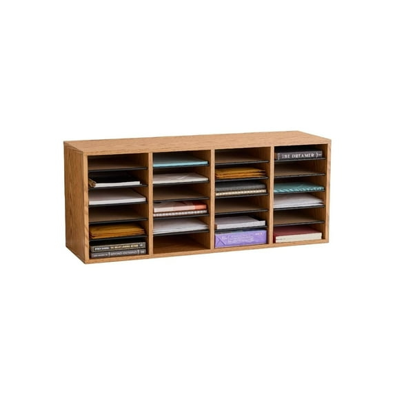 HomeStock Classic Charm Wood Adjustable Literature Organizer, 24 Compartment, Medium Oak, 11.75"D x 39.25"W x 16.25"H.