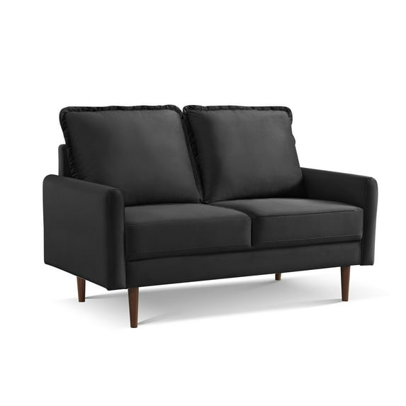 57 Inch Wide Upholstered Two Cushion Loveseat with Cambered Arms in Black Velvet