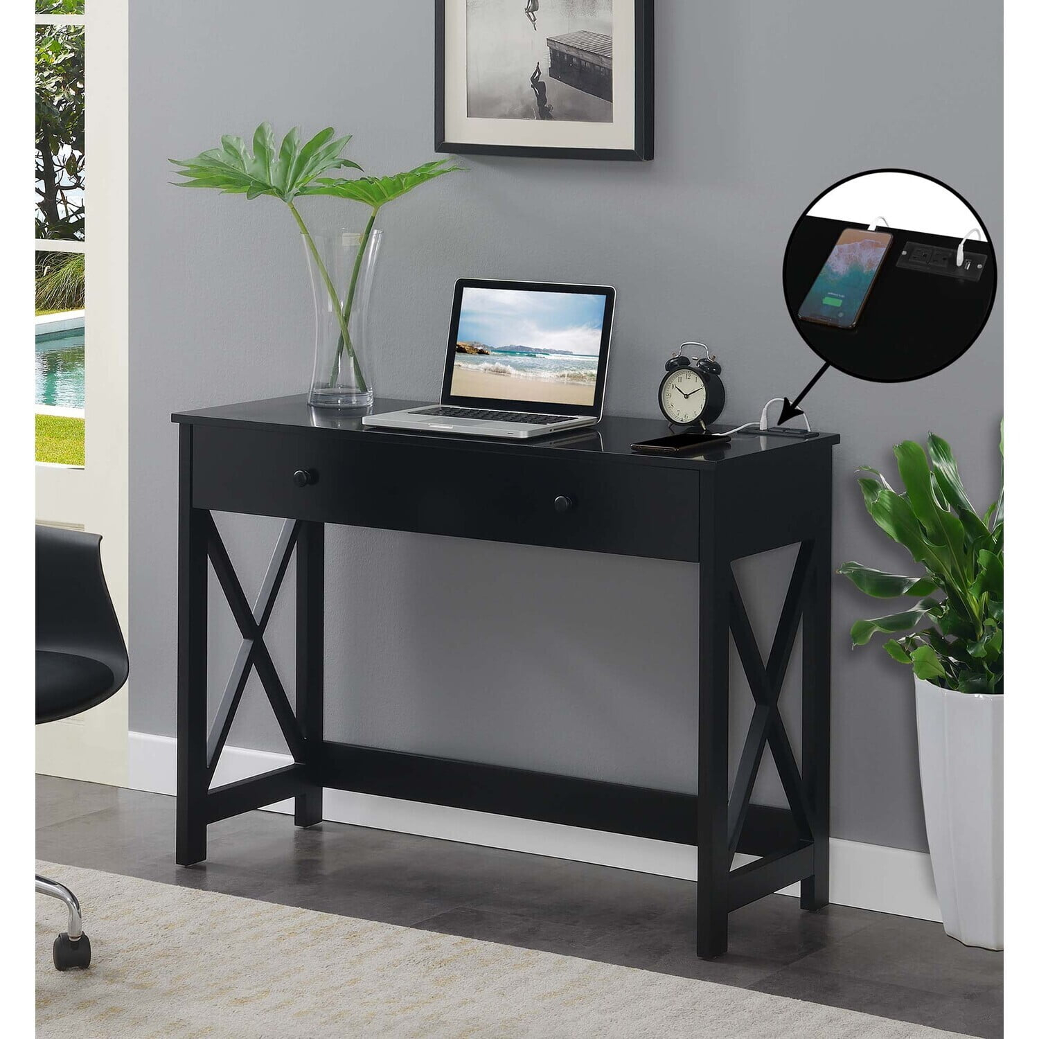 Convenience Concepts Oxford 1 Drawer 42-inch Desk with Charging Station, Black, All Ages