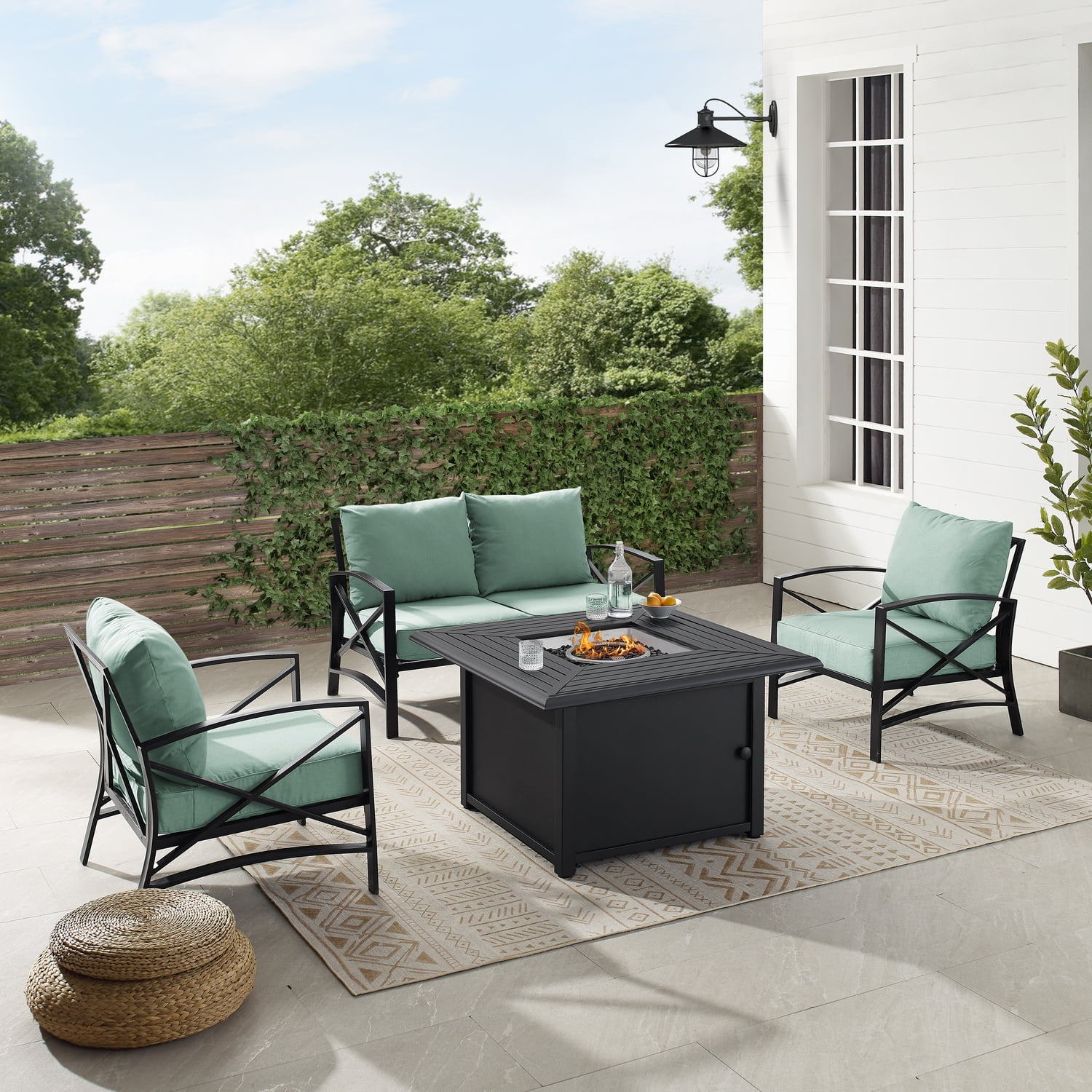 HomeStock Modern Muse 4Pc Outdoor Metal Conversation Set W/Fire Table Mist/Oil Rubbed Bronze - Loveseat, Fire Table, & 2 Arm Chairs