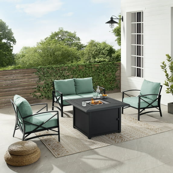 HomeStock Modern Muse 4Pc Outdoor Metal Conversation Set W/Fire Table Mist/Oil Rubbed Bronze - Loveseat, Fire Table, & 2 Arm Chairs