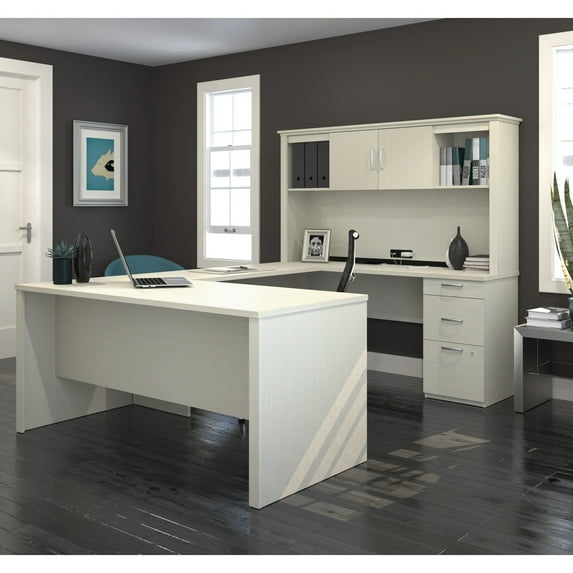 Bestar Logan Modern Wood U Shape Computer Desk with Hutch in White Chocolate