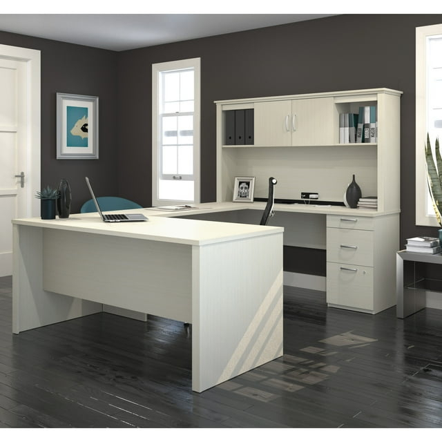 Bestar Logan Modern Wood U Shape Computer Desk with Hutch in White Chocolate