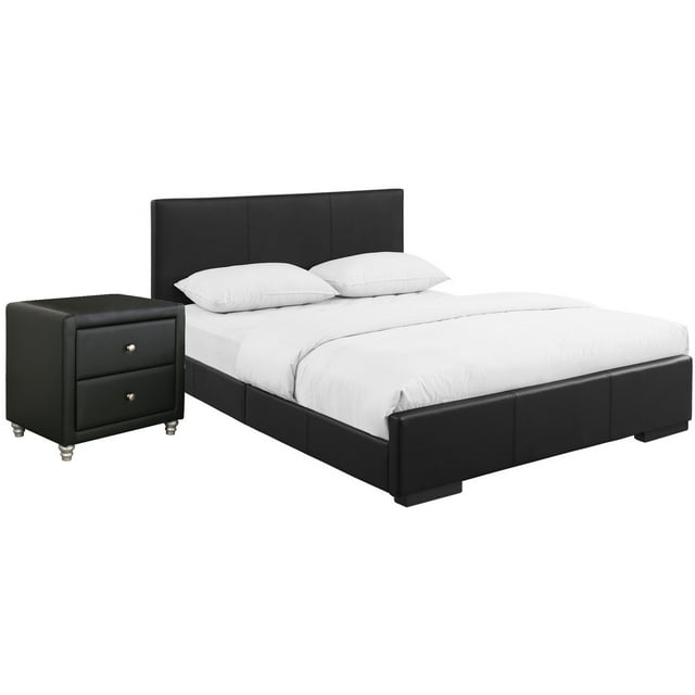 in. indes Upholstered Platform Bed in Black with 1 Nightstand, Queen Size - 85.4 x 63.4 x 34.8 in.