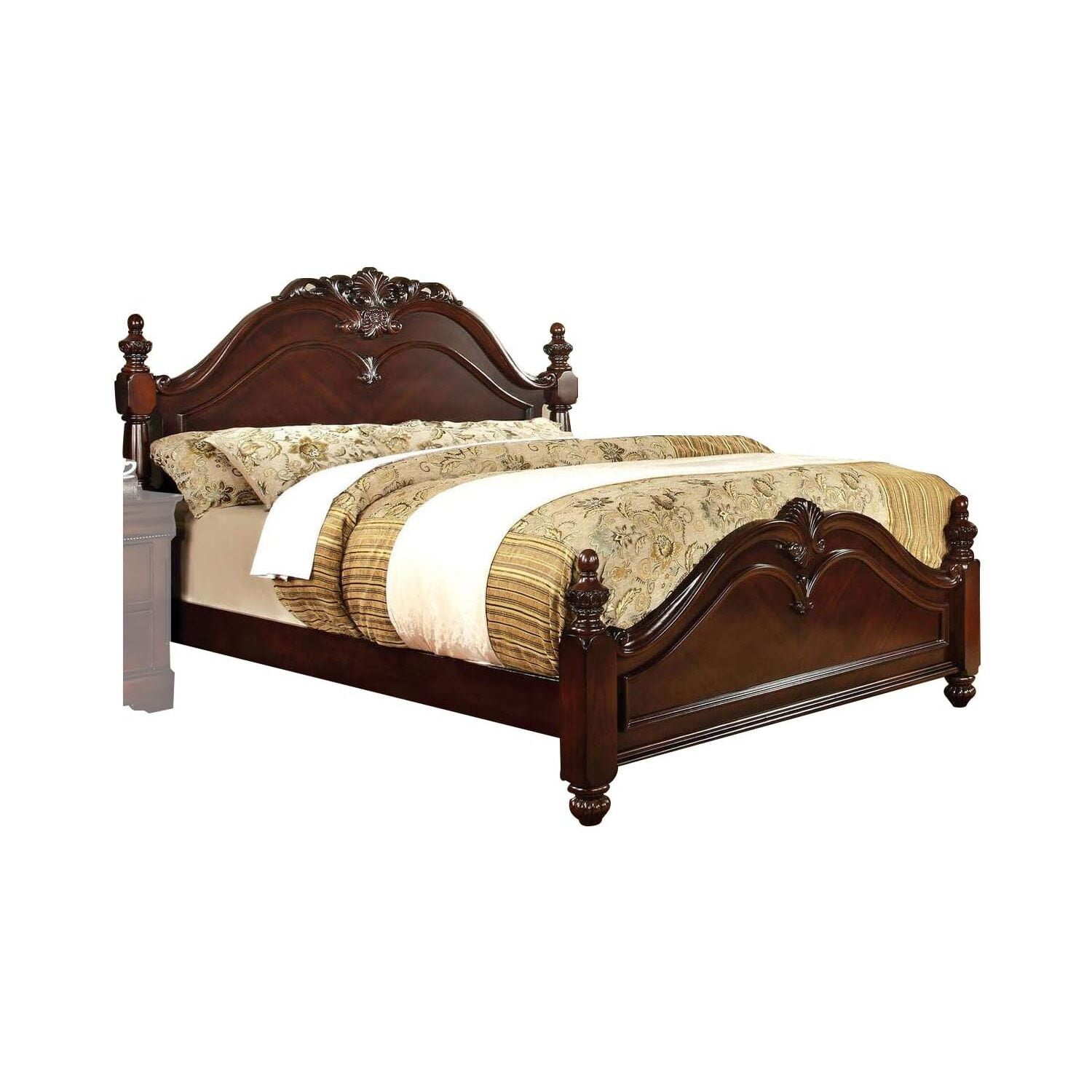 HomeStock Traditional Style California King Wooden Bed With Floral Carvings, Brown