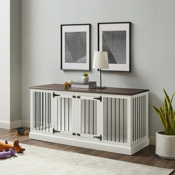 Crosley Winslow Credenza Pet Crate-Color:White/Dark Brown,Size:Medium