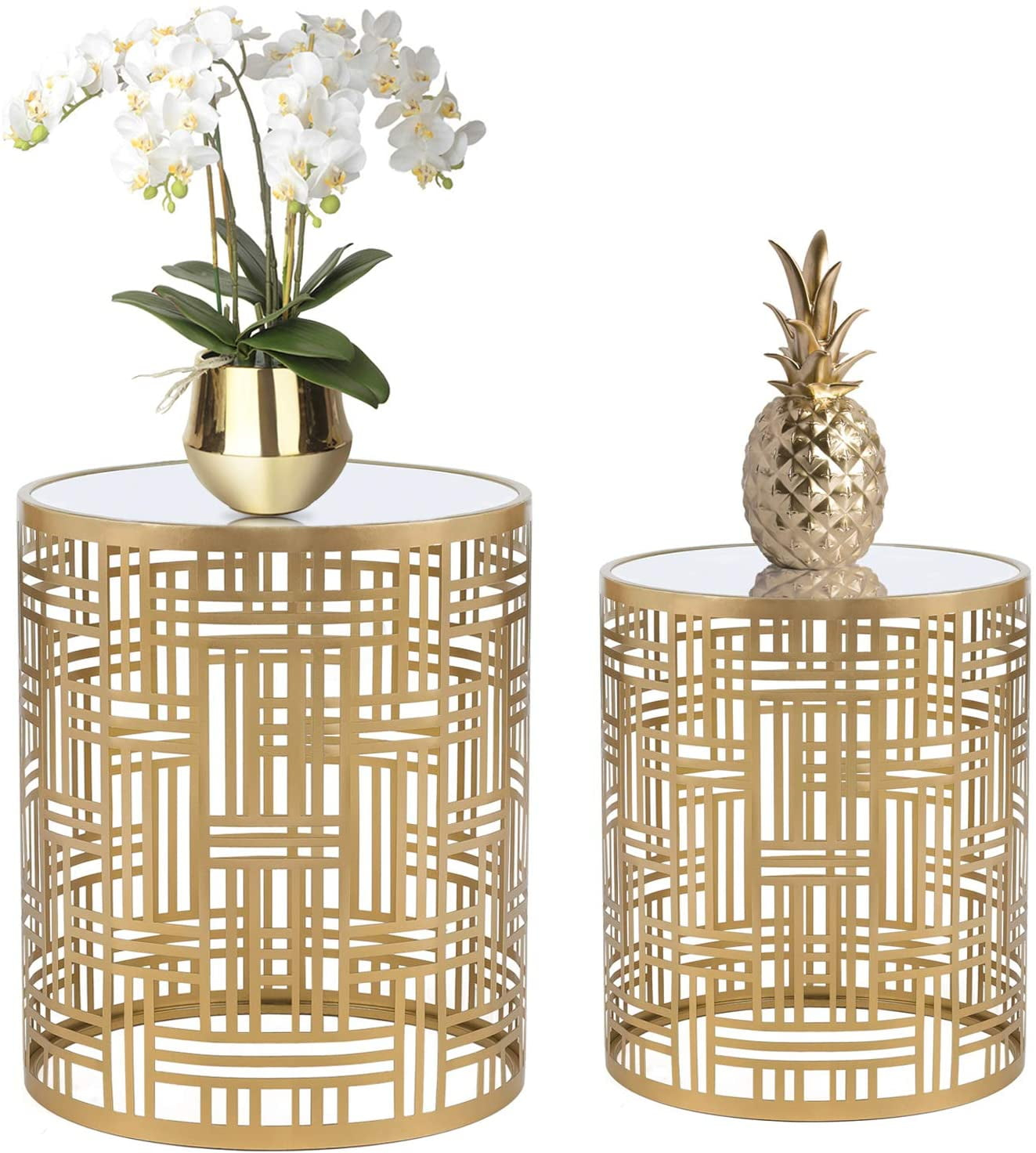 Homebeez End Tables Set of 2, Gold Nesting Side Coffee Table Decorative Round Nightstands (Stainless Steel Top)