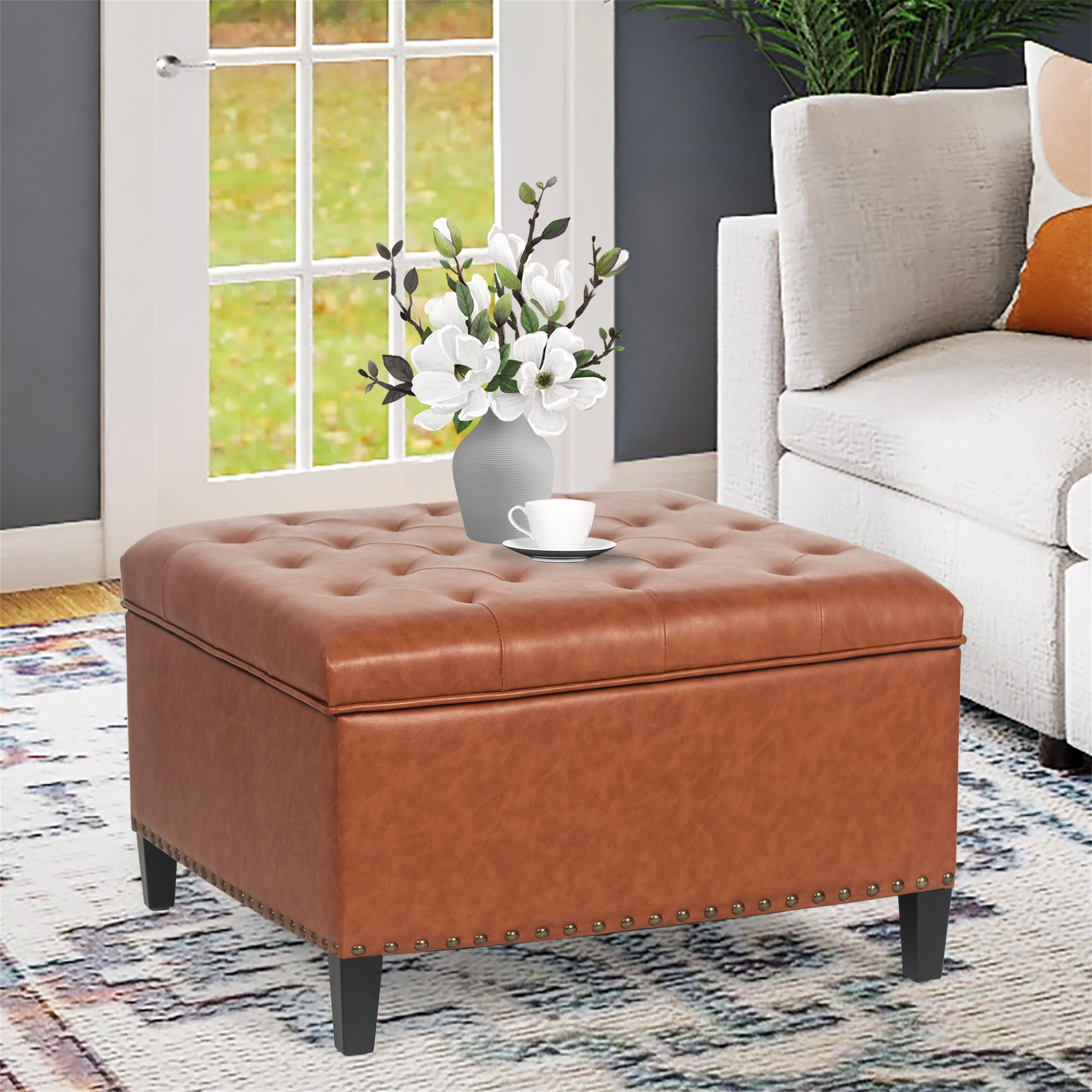 Adeco  Modern Square Fabric Upholstered Lift Top Storage Ottoman Bench