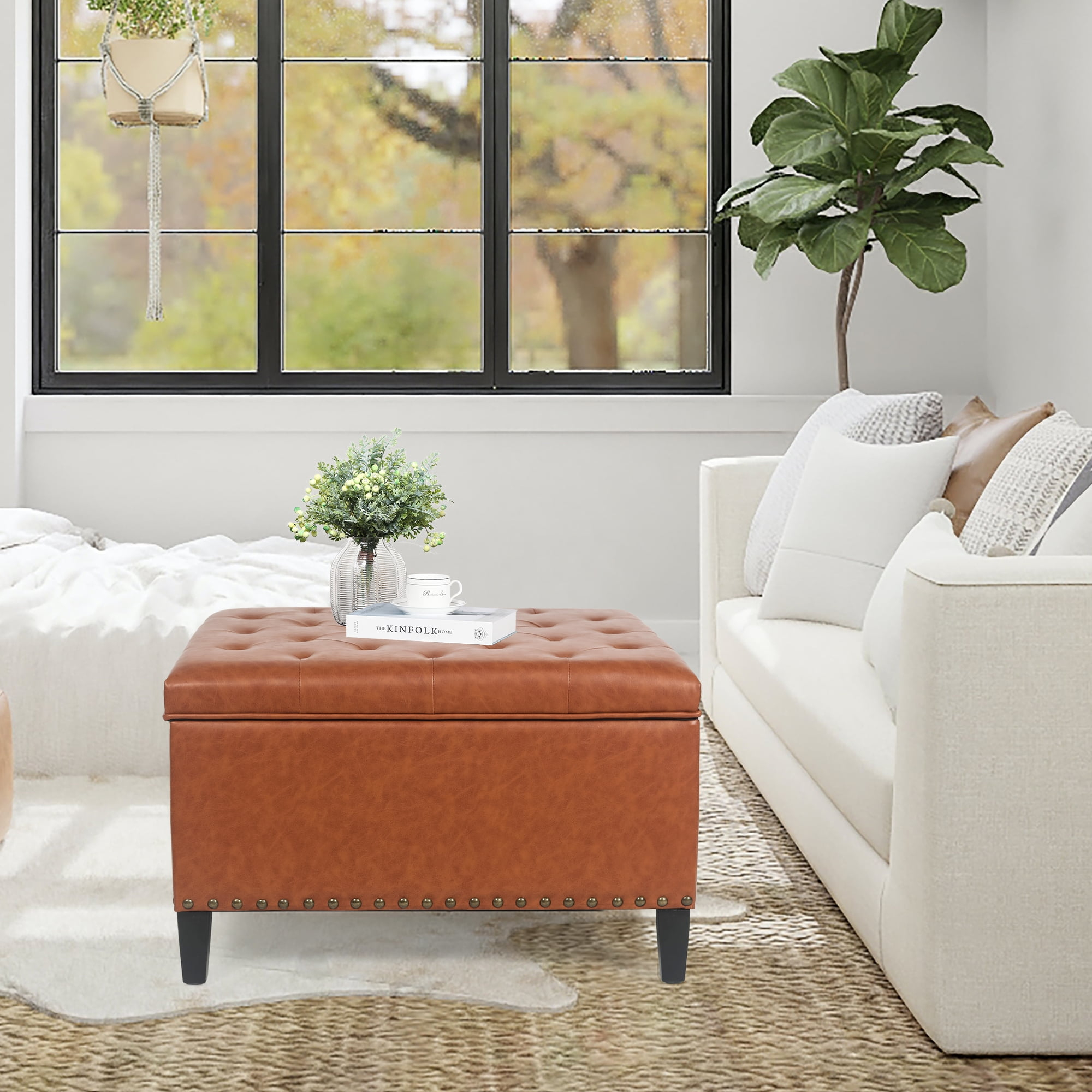 Adeco  Modern Square Fabric Upholstered Lift Top Storage Ottoman Bench